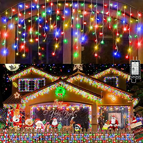 132ft 크리스마스 라이트 데코,장식 아웃도어, 1280 LED 8 모드 커튼 페어리 라이트 240 Drops, 플러그 in 방수 타이머 메모리 기능 크리스마스 홀리데이 웨딩 파티 Decorations(Multicolor)
