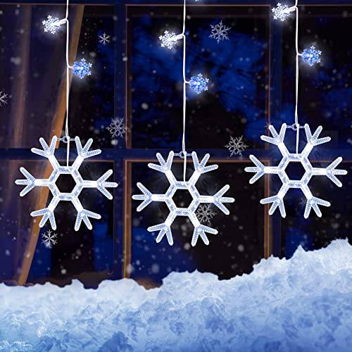 크리스마스 눈송이 아이시클 라이트 7 ft. 7 Drops& 70 Ramdom Twinkling Leds, LED 걸수있는 눈송이 커튼 스트링 라이트 크리스마스 실내 아웃도어 Eave 루프 현관 창문 데코,장식 ( 블루&  화이트)