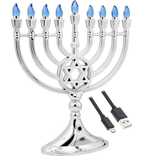 전통 LED 전기,전동 실버 Hanukkah Menorah - 배터리 or USB 전원 - 포함 a 마이크로 USB 4’ 충전 케이블