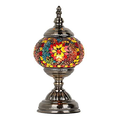 Marrakech 터키어 모자이크 테이블 램프 독특한 스테인드 글래스 핸드메이드 모자이크 램프 티파니 BohoMoroccan 랜턴 장식용 램프 나이트 라이트 브론즈 베이스 withLED 전구 (Multi-Colored)