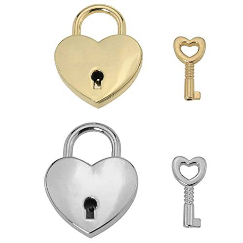 ZCZQC Love 잠금 2PCS 골드 and 실버 스몰 Heart-Shaped 자물쇠 키 쥬얼리 박스 웨딩 카드 박스 보물상자 와인 박스 일기 북 메탈 Love 맹꽁이자물쇠,통자물쇠,자물쇠