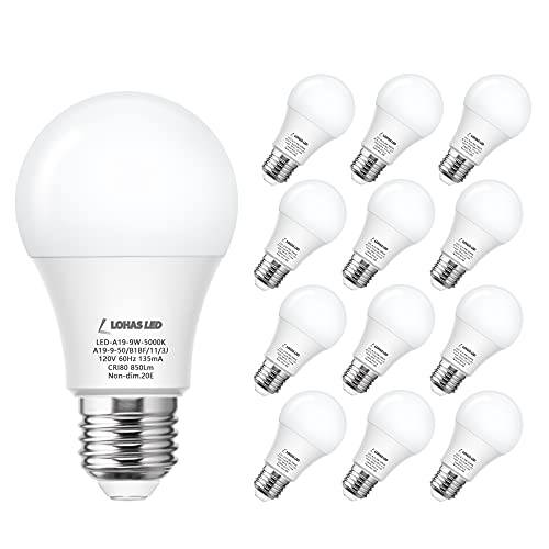 LOHAS LED 라이트 전구 60 와트 호환, A19 일광 5000K, 9W E26 베이스, 850LM 에너지 절약 라이트 전구, Non-Dimmable, UL Listed, 12 팩