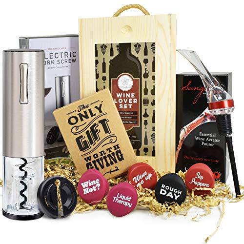 와인 선물 세트 - 와인 선물 바스킷 that 포함 a 스테인레스 스틸 전기,전동 와인 오프너,  와인 에어레이터, 5 와인 스토퍼 and 아름다운 나무 박스. Exellent 와인 악세사리, Perfect 선물  와인 Lovers
