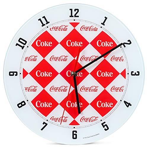Mark Feldstein& Associates Coca 콜라 다이아몬드 패턴 레드 and 화이트 12 인치 글래스 라운드 벽시계