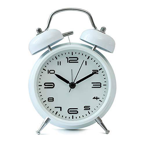 4 인치 트윈 벨 알람 시계 백라이트, 무소음 Non-Ticking, 배터리 작동, 고음량 웨이크 Up 알람 Clock(White)