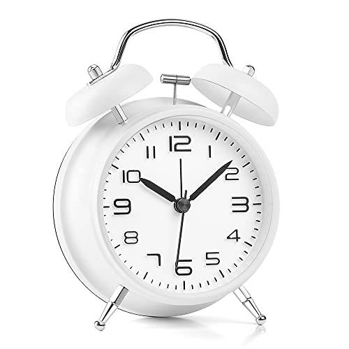 3 4 트윈 벨 알람 시계 메탈 프레임 백라이트 기능 데스크 테이블 시계 가정용&  오피스 고음량 알람 딥 Sleepers 배터리 작동 (4505 화이트, 4 인치)