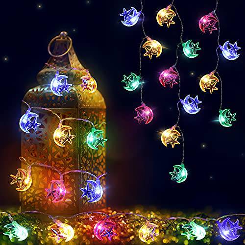 Moon and 스타 스트링 라이트, 라마단 스트링 라이트 6.6 Ft 20 LED 배터리 작동 of 2 라이트 모드 라마단, 크리스마스, 웨딩, 파티, 홈, 파티오,발코니 Decor(Fairy 스트링 Stars)