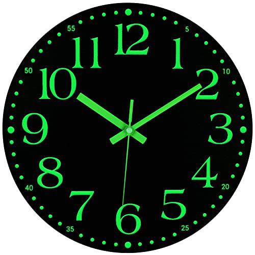 JoFomp 나무 글로우 야광 시계, 12 인치 무소음 Non-Ticking 배터리 작동 시계, Energy-Absorbing Luminous Numerals and 핸드, 라이트 벽시계 장식 침실 거실 (A)