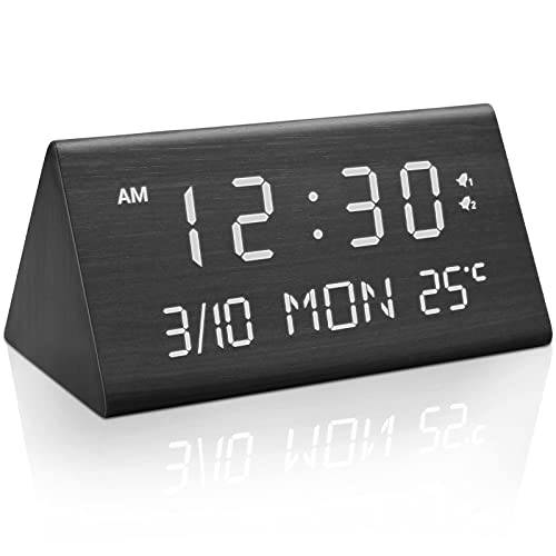 Kogonee 나무 디지털 알람 시계, 0-100% 주차, 볼륨 조절가능, 듀얼 알람, 평일/ 매일 모드, 9 분 스누즈버튼,알람다시울리기, 12/ 24H, 온도 감지, 우드 LED 시계 침실, 데스크, Bedside (블랙)