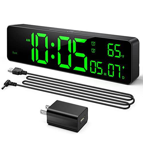 디지털 벽시계 라지 디스플레이 타임, 날짜, 온도, LED 디지털 알람 시계 스누즈버튼,알람다시울리기, 12/ 24Hr, 오토/ 커스텀 밝기, 거실 침실 데스크 알람 Clock(with USB 어댑터, 6.6ft 케이블)