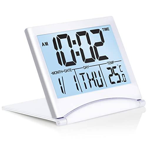 Betus 디지털 여행용 알람 시계 화이트 백라이트 - 폴더블 달력&  온도&  타이머 LCD 시계 스누즈버튼,알람다시울리기 모드 - 라지 넘버 디스플레이, 배터리 작동 - 컴팩트 데스크 시계 모든 Ages