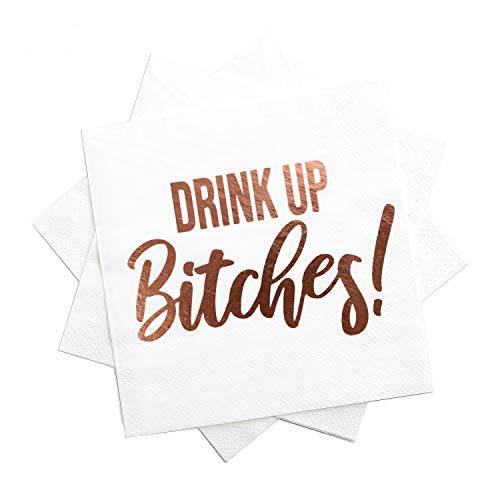 칵테일 냅킨- 팬시 프린트 냅킨 ’’음료 Up Btches’’ 엠보스 in 로즈 골드 포일 글자- Ideal 독신 파티 데코,장식- 음료 냅킨- Folded 5 x 5 인치 (50