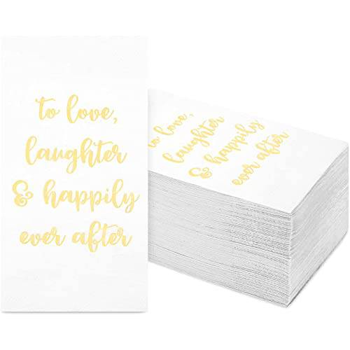 100 팩 웨딩 냅킨 골드 포일 각인, To Love, Laughter and Happily Ever After (화이트, 4 x 8 in)
