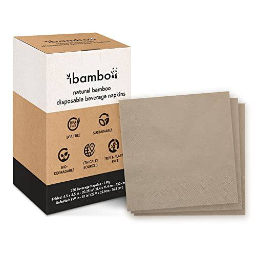 Ibambo 250 팩 대나무 칵테일 냅킨 - 2-Ply  음료 냅킨 - 바 냅킨 가정용,  파티, 모임 - 4.5x4.5 인치 Folded 음료 냅킨 - 일회용 냅킨 Serving 워터, 스몰 요리,음식