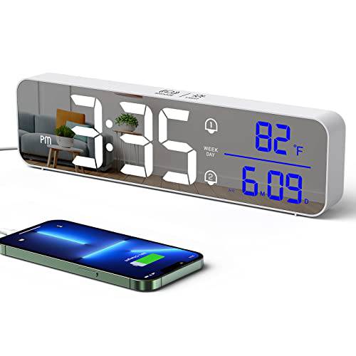 Zgrmbo 디지털 시계 침실, 2400mAh 배터리 디지털 알람 시계, 디지털 Day 달력 시계, 무선 데스크 디지털 시계 USB 충전기, 스누즈버튼,알람다시울리기 모델, 커스텀 밝기, Voice-Activated 모드