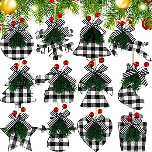 12 피스 Buffalo 플레이드 크리스마스 장식 나무 걸수있는 장식 블랙 체크 크리스마스 트리 장식품 천 Farmhouse 크리스마스 장식품 소나무 바늘 크리스마스 장식 (화이트 and 블랙)