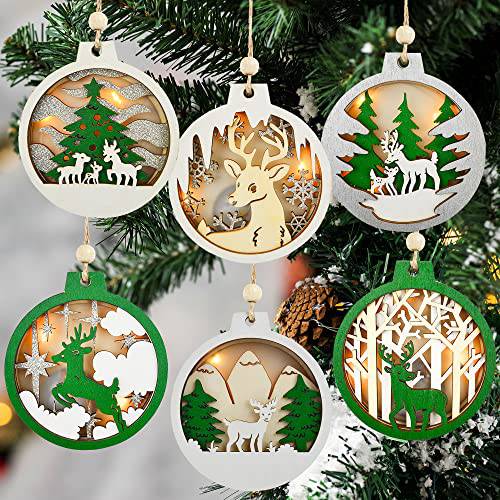 6Pcs 크리스마스 LED 나무 장식품 그린 순록 Carved 나무 장식품 크리스마스 이벤트, 실내/ 아웃도어 홀리데이 파티 장식, 트리 장식품