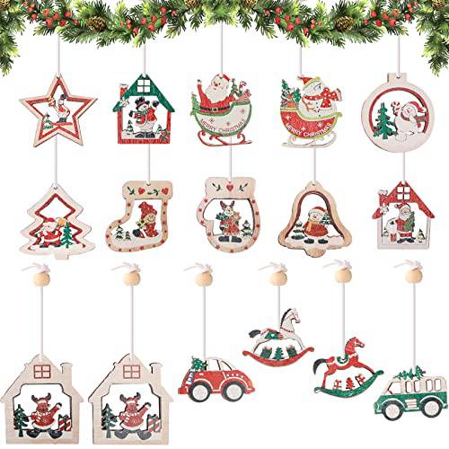 크리스마스 나무 장식, 16Pcs 크리스마스 장식품 우드 트리 데코,장식 나무 걸수있는 공예 산타클로스 눈사람 장식품 선물 태그 장식, 크리스마스 걸수있는 공예 크리스마스 홀리데이 파티 장식