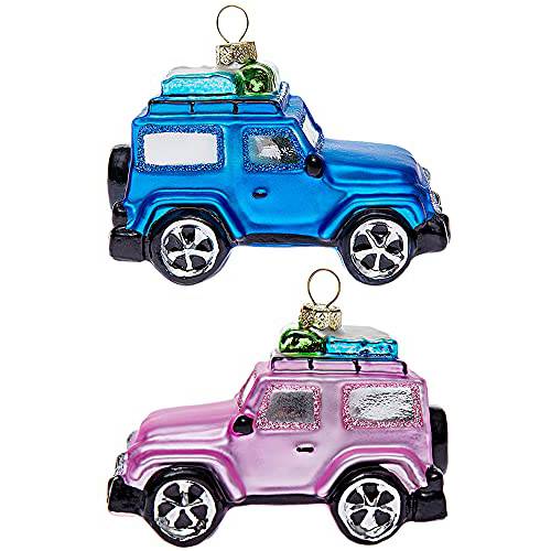2 팩 글래스 SUV 자동차 크리스마스 장식품  크리스마스트리 데코,장식, 걸수있는 장식용 손으로채색한 부푼 글래스 장식품 차량 트럭 선물 Parcels on 탑, 블루 and 핑크