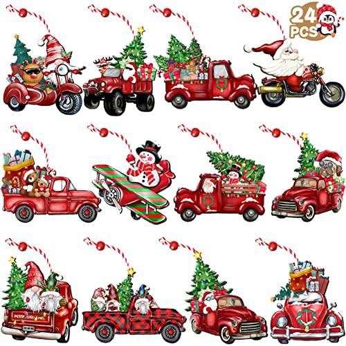 JOPHMO 나무 크리스마스 트럭 장식품 레드 트럭 나무 걸수있는 장식품 나무 자동차 공예 비드 Farmhouse 걸수있는 장식 크리스마스 트리 장식 홀리데이 파티,모임 공예 도구 24 피스