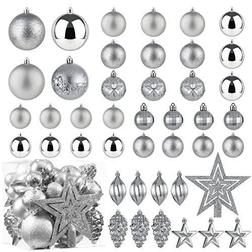 크리스마스 볼 장식품 - 43pcs 파편방지 크리스마스트리 장식용 걸수있는 장식품 루프 크리스마스 홀리데이 파티 화환 홈 장식, Silver(Combo of 10 볼 and 모양 Styles)