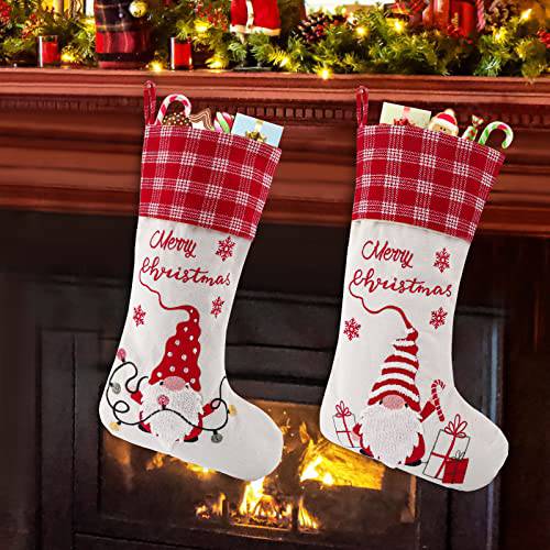 HEDAQI 팩 of 2 크리스마스 스타킹 18 인치 라지 사이즈 삼베 Buffalo 플레이드 커프 and Gnomes 패턴 크리스마스 스타킹 패밀리 난로 트리 걸수있는 데코,장식 파티 시즌 장식