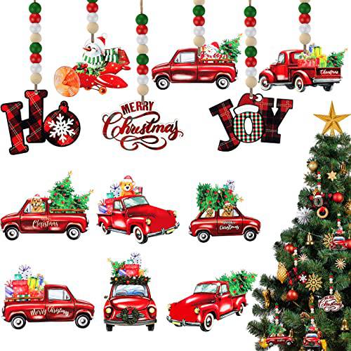 크리스마스 트럭 장식품 우드 비드 장식품 12 피스 크리스마스 비드 화환 자동차 트럭 트리 장식품 걸수있는 Farmhouse 크리스마스 데코,장식 크리스마스 트리 홈 장식 (클래식 스타일)