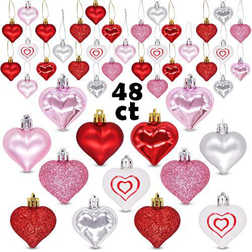 Ivenf Valentine’s Day 데코,장식 Heart 모양 장식품, 48 Pcs 레드 핑크 실버 화이트 플라스틱 걸수있는 Baubles, 트리 볼 Heart 글리터, 빤짝이 장식 웨딩 데코,장식 선물