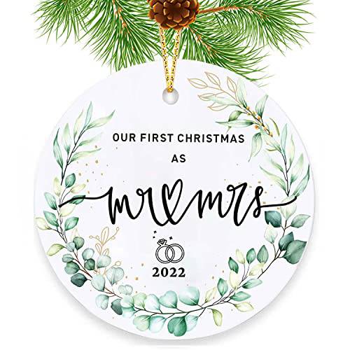 2022 Our First 크리스마스 as Mr Mrs 장식, 2 양면 디자인 웨딩 장식 선물, 2022 라운드 도자기 장식 개인설정가능한 크리스마스 트리 장식 선물