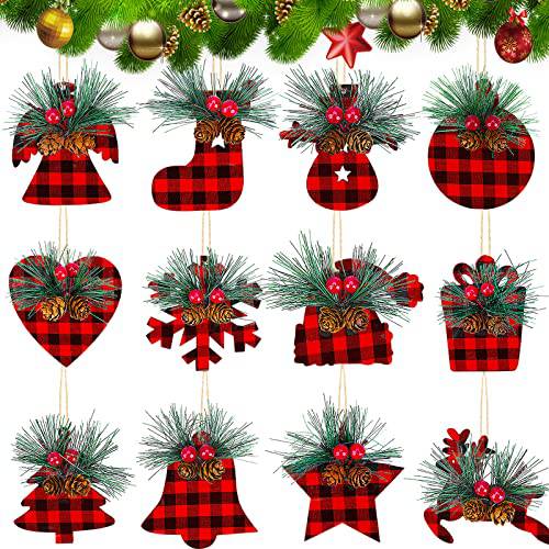 Sfcddtlg 12 PCS 나무 크리스마스 Buffalo 플레이드 걸수있는 장식품 소나무 콘 Branch-Xmas 트리 걸수있는 나무 태그 크리스마스 홀리데이 홈 Decorations(Red)