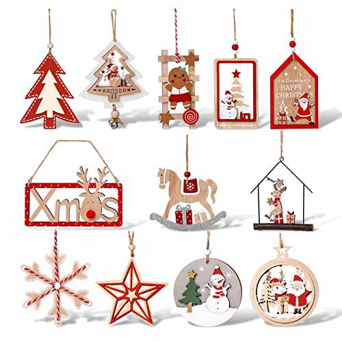 12 피스 of 우드 Fretwork 걸수있는 장식 크리스마스 트리 선물 박스, 크리스마스 장식품 나무 Farmhouse 걸수있는 공예