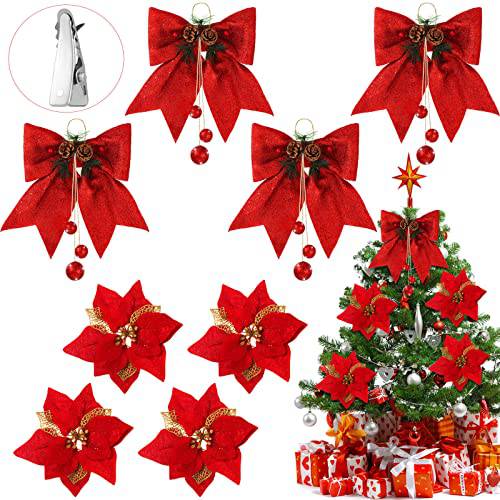 MTLEE 4 피스 크리스마스 Bows and 4 피스 크리스마스 인조 Poinsettia 플라워 클립,핀 라지 글리터, 빤짝이 화환 Bows 크리스마스 Poinsettia 플라워 데코,장식  크리스마스트리 홈 장식 (레드)