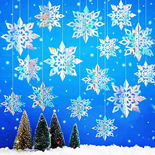 OuMuaMua 15pcs 겨울 크리스마스 걸수있는 눈송이 데코,장식, 3D 홀로그램 설화 크리스마스 겨울 Wonderland 데코,장식 겨울왕국 생일 새해 파티 홈 데코,장식