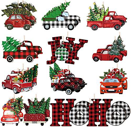 24 Pcs 크리스마스 나무 장식품 크리스마스트리 레드 트럭 데코,장식 크리스마스 우드 걸수있는 공예 레터 트럭 크리스마스 데코,장식 소박한 Farmhouse 크리스마스 데코 크리스마스 (Fresh 스타일)