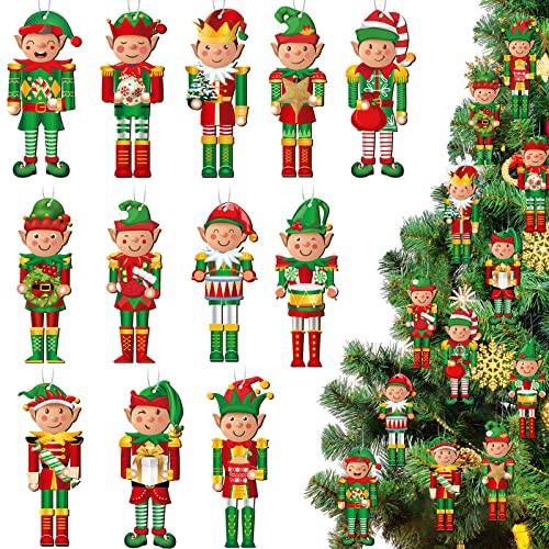 48 Pcs 크리스마스 Elf 호두까는집게 장식품 우드 걸수있는 크리스마스트리 장식품 Elf 미니사이즈 Nutcrackers 호두까는집게 피규어 장식 귀여운 Nutcrackers 홀리데이 장식