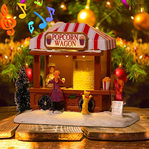 크리스마스 빌리지 집, 팝콘 글로우 음악 빌리지 집 LED 라이트 and 8 크리스마스 음악, 크리스마스 빌리지 팝콘 집 피규린,피규어 빌딩 크리스마스 홈 장식