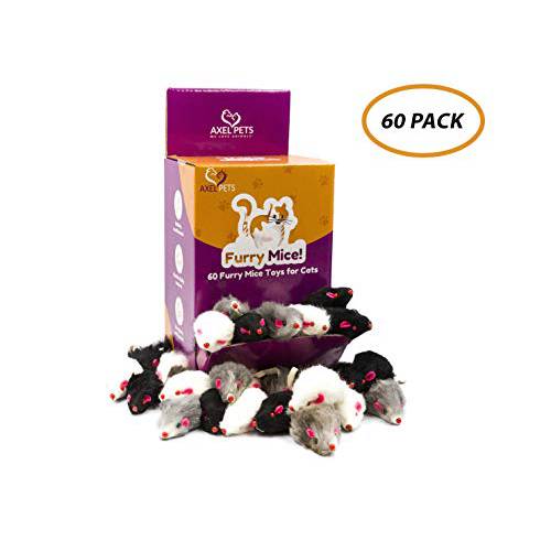 AXEL PETS 60 모피 마우스 캣닙 and 딸랑이 사운드 Made of 리얼 토끼 퍼 체험형 캐치 플레이 마우스 장난감 고양이, 박스 of 60 마우스