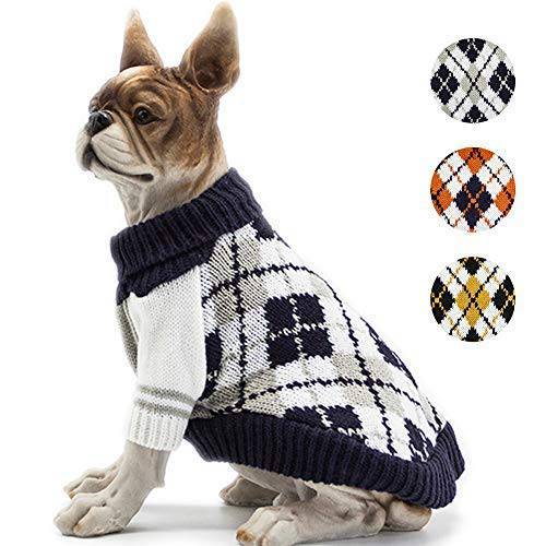BOBIBI 강아지 스웨터 the 다이아몬드 Plaid 애완동물 고양이 겨울 니트웨어 Warm 옷 네이비 미디엄