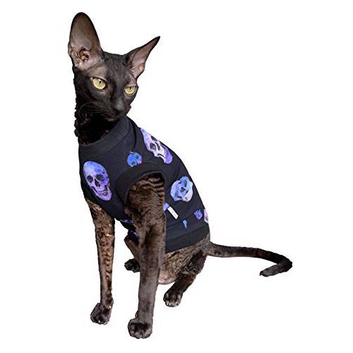 Kotomoda Hairless Cat’s 코튼 스트레치 T-Shirt 퍼플 Sculls Sphynx 고양이