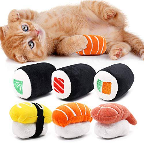 CiyvoLyeen 6 팩 Sushi 고양이 장난감 캣닙 Sushi 롤 필로우,베개 Kitten 치발기 한입크기 도구 Boredom 완화 풍성한 Kitty 구강클리닝 씹는 고양이 Lovers 체험형 봉제 선물