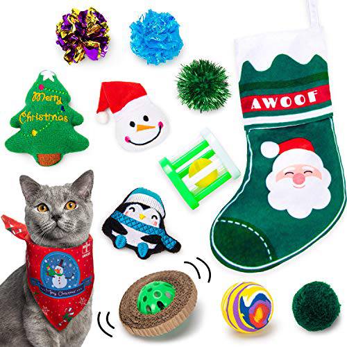 AWOOF  고양이 크리스마스 장난감, 크리스마스 망사 고양이 장난감 선물 세트 12Pcs 고양이 장난감 세트 Kitten 애완동물 고양이 크리스마스 두건