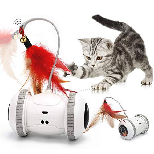 Nueplay  고양이 장난감 로봇식 체험형 실내 전자제품 장난감 LED 라이트 360 도 회전 센서 모드 Freestyle 모드 USB 충전식 배터리 볼 장난감 애완동물 Kitten Kitty 보너스 2 깃털