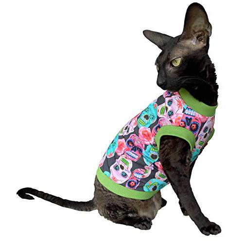 Kotomoda Hairless Cat’s 코튼 스트레치 T-Shirt 멕시코원산지 Sculls Sphynx 고양이