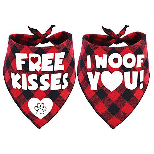 Pohshido 2 팩 Valentine’s 강아지 두건, 홀리데이 Buffalo 플레이드 두건 스카프 스몰 미디엄 대형견 고양이 애완동물 강아지 (프리 Kisses)