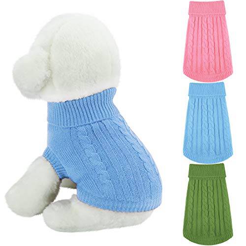 3 피스 강아지 터틀넥 스웨터 클래식 Straw-Rope 강아지 코트 애완동물 겨울 니트웨어 따뜻한 강아지 스웨터 애완동물 옷 강아지 강아지 고양이 (M, 핑크, 블루, 그린)
