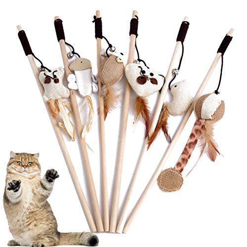 Artshu 6pcs/ lot 40cm 애완동물 고양이 Teaser 장난감 페더 리넨 완드 고양이 거름망 Teaser 스틱 고양이 체험형 장난감 우드 로드 마우스 장난감 미니 벨