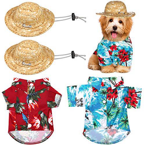 4 피스 애완동물 섬머 셔츠  밀짚모자 하와이안 강아지 T-Shirt 애완동물 섬머 비치 조끼,베스트 숏 슬리브 섬머 캠프 옷  소형견 품종 고양이