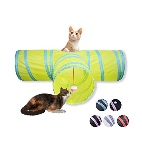 고양이 터널, 3 방법 애완동물 롱 터널 장난감 실내/ 아웃도어 고양이S, 애완동물 폴더블 터널 내츄럴 세이프티,안전 재질, 간편 스토리지 And 휴대용, 적용가능한  고양이&  강아지 32x11.8x9.84 in, Yellow(Bell 볼)