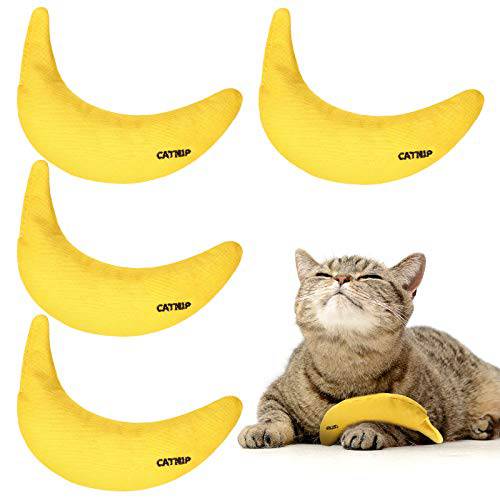 Sotiff 4 피스 캣닙 장난감 Yellow 바나나 고양이 치발기 캣닙 장난감 Kitten 상호작용완구 Reliable 캣닙 채우는 고양이 장난감 실내 고양이 새끼고양이 씹는 날카로운 그라인딩 클로