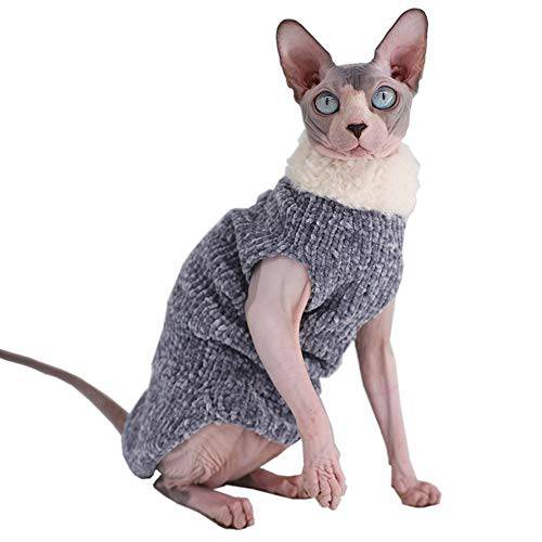 Sphynx 고양이 옷 겨울 따뜻한 인조 퍼 스웨터 차림새, 패션 하이 칼라 코트 고양이 잠옷 고양이 and 소형견 Apparel, Hairless 고양이 셔츠 스웨터 (M (5.5-6.6 LBS), Blue-Grey)